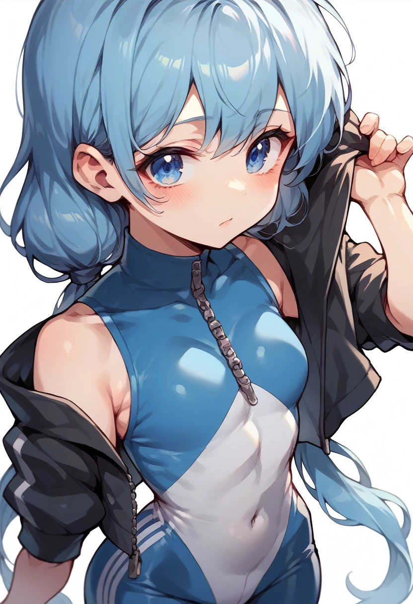 Anime girl, pale blue hair, blue eyes, low pigtails, very tight clothing, big boobs, dance