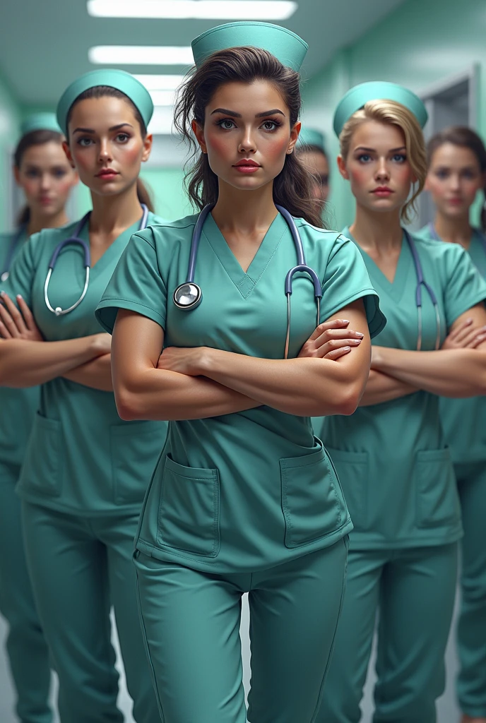 5 Real-Life Brunette Women, Brown eyes, Hair tied up. She is a doctor in the French army.. Her outfit gives us a glimpse of her beautiful décolletage.. She is wearing blue latex gloves while looking at the camera.