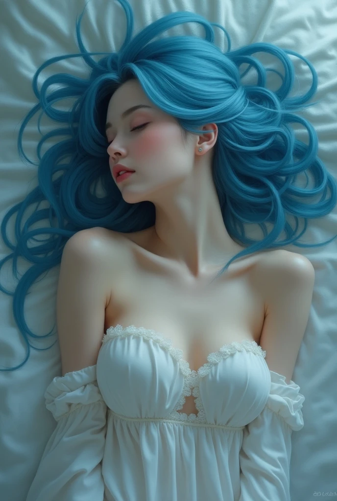 A naked woman with long, sky-blue hair. Her eyes are closed as if she were asleep. Her breasts are visible and her legs are half-crossed.