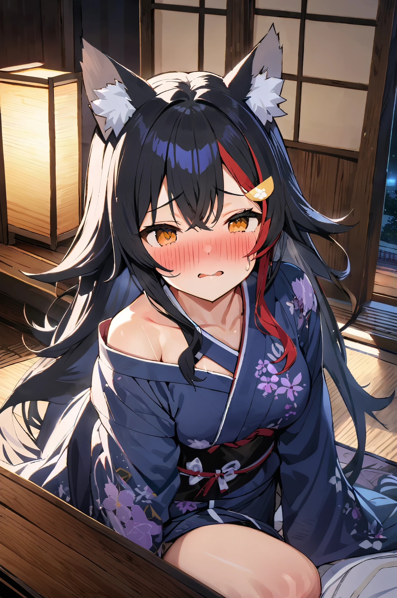 NSFW,masterpiece,Best Quality, high resolution on down, very detailed,Ogami Mio \( hololive \), very long hair,Black Hair,Wolf Ears,Hair accessories、kimono,yukata, off the shoulder,Inn at night,Japanese-style room, moonlight,table, Japanese sake ,futon,blush,Sleepy face, has sex appeal,sweat