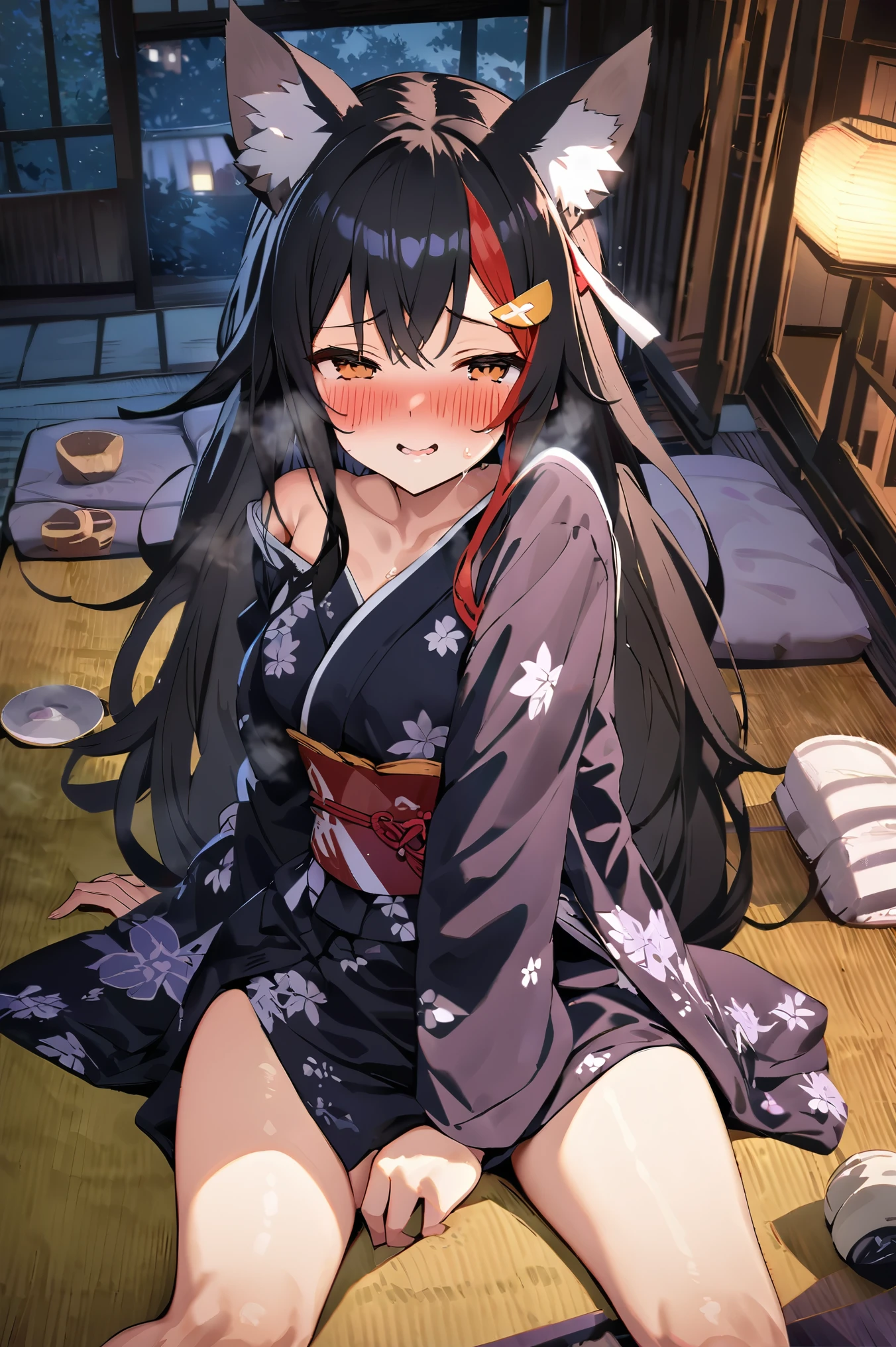 NSFW,masterpiece,Best Quality, high resolution on down, very detailed,Ogami Mio \( hololive \), very long hair,Black Hair,Wolf Ears,Hair accessories、kimono,yukata, off the shoulder,Inn at night,Japanese-style room, moonlight,table, Japanese sake ,futon,blush,Sleepy face, has sex appeal,sweat