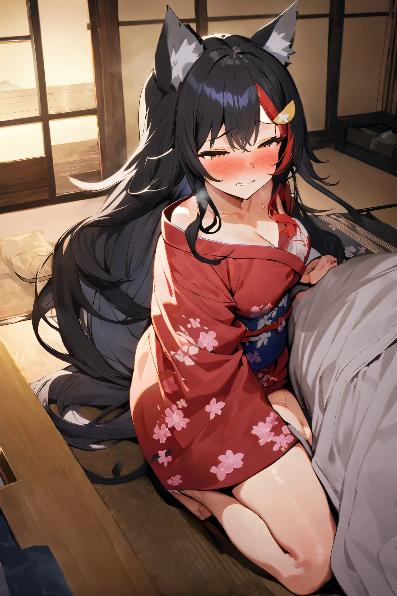 NSFW,masterpiece,Best Quality, high resolution on down, very detailed,Ogami Mio \( ho****ve \), very long hair,Black Hair,Wolf Ears,Hair accessories、kimono,yukata, off the shoulder,Inn at night,Japanese-style room, moonlight,table, Japanese sake ,futon,blush,Sleepy face, has sex appeal,sweat