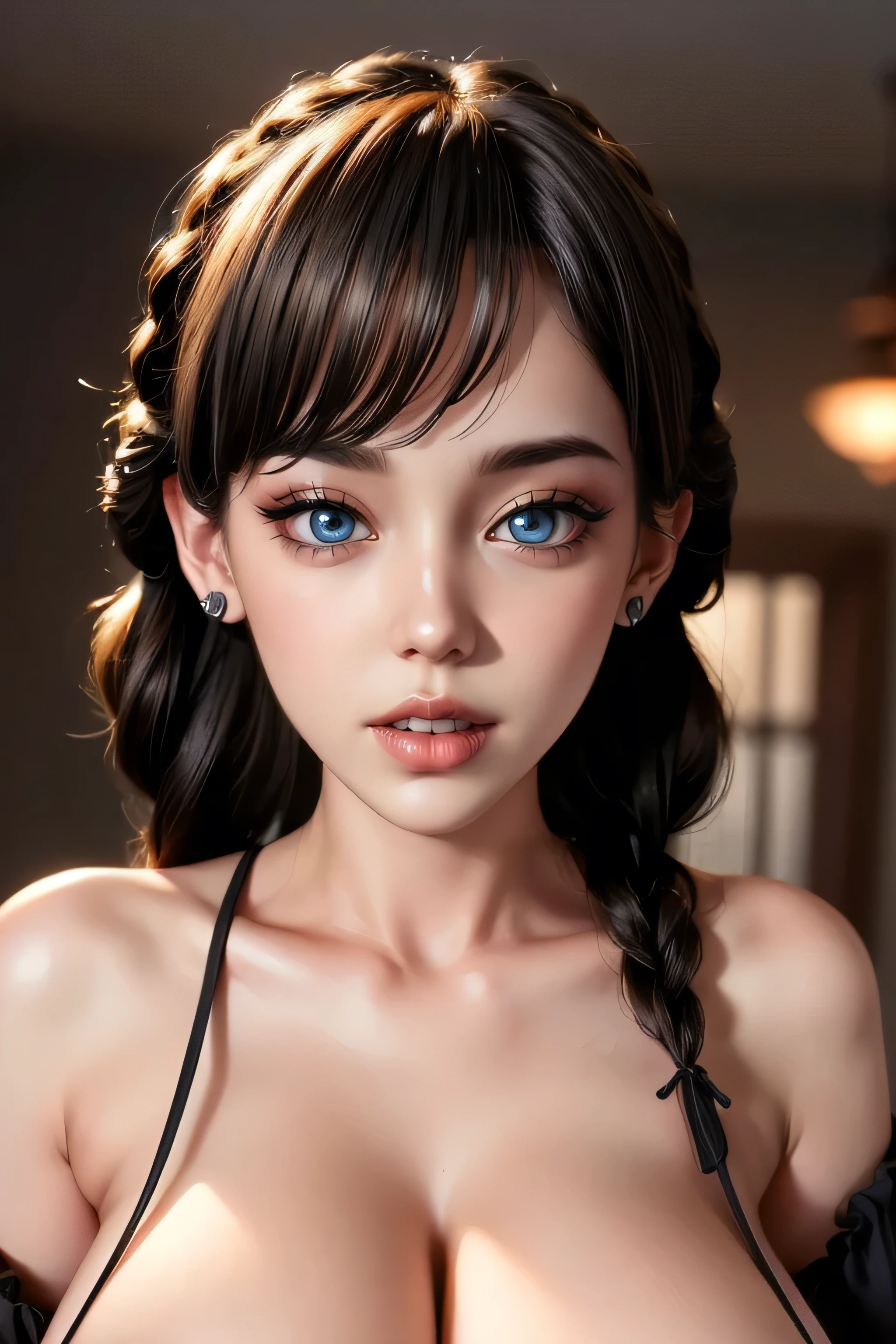 (highest quality Ultra-high resolution, 8k, RAW Photos, Realistic: 1.4), 1 Female,One Girl, Braiding, single Braiding, Hair intake, Hair that falls over the shoulders, (Mature Woman)((Black evening dress.)), Detailed background, bedroom, perfect eyes,)), Cardigan, housewife, Sexy Woman, , Bright colors ,,Natural light ,Hmph, Hair between the eyes , beautiful, (Detailed face:1.2), Showcase, (Perfect Eyes:1.1) ,(Realistic:1.1), 8k Ultra HD ,,(huge breasts:1.7)((huge Cleavage)), ((hanging breasts:1.8)),View Viewer, (Squint your eyes:1.3,Open your mouth wide:1.3、Ecstatic Face:1.2、Blowjob gestures:1.8), Look at the screen
