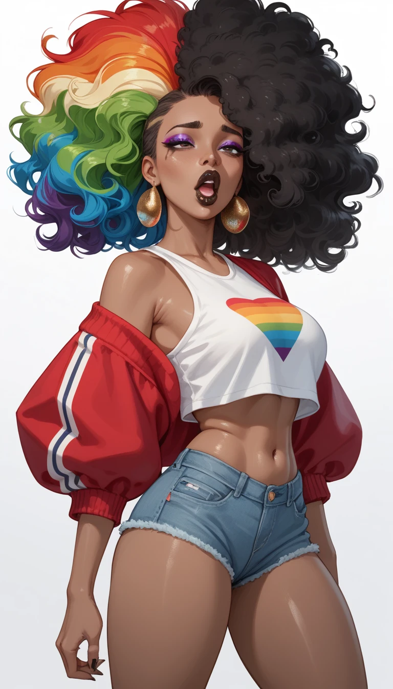 NSFW, Beautiful Mulatto Girl, ((Dark Skinned)), Big Lips, Moaning, Orgasm Face, Dark Makeup, Dark Lipstick, Black and Rainbow Hair, Black and Rainbow Makeup, Hip-Hop Girl, Curly Afro, Baggy Hip Hop Clothes, 1girl 1guy, sex with a black dick, overflowing creampie