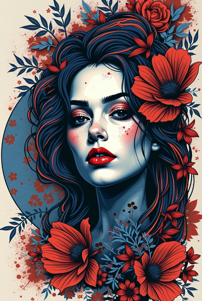 work of art, oval splash art with red carnation flower center background, rich and colorful splash art, to tear down, tropical fruits, magical, Stylized abstract portrait of a beautiful girl,Street graffiti, White background