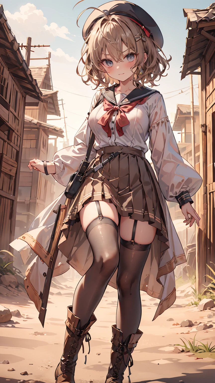 masterpiece, 1 girl, sparrow, a brown haired girl, wearing a sailor clothes, curly short hair, messy hair, slim body, he close her left eye, shirt ornament, ruby eyes, ahoge, baby face, beautiful eyes, boots, droopy eyes, her age is 19, short hair, curly hair, MongolPunkAI, view from right down, lend a hand to you, he very close to you, smug smile, rainbow_one, tunic shirt, brown pleated skirt, beret, priestess, high quality, 8k, student, big breasts, beautiful breasts, white stocking, long sleeves, shsparkle, angry face