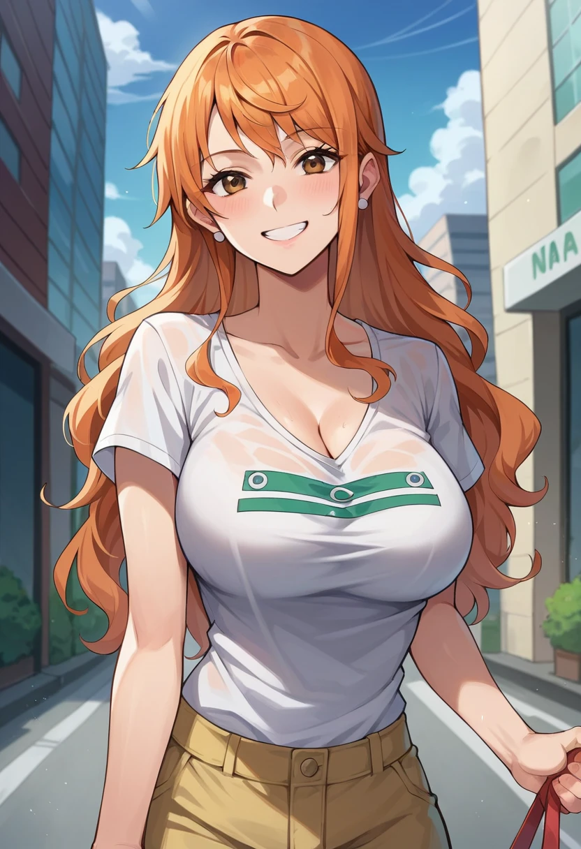 score_9, score_8_up, score_7_up, score_6_up, score_5_up, score_4_up, BREAK source_anime,POV,city,outdoor,smile,standing,nami_post, orange hair, long hair, wavy hair, side locks, brown eyes, large breasts, white t-shirt,short sleeves