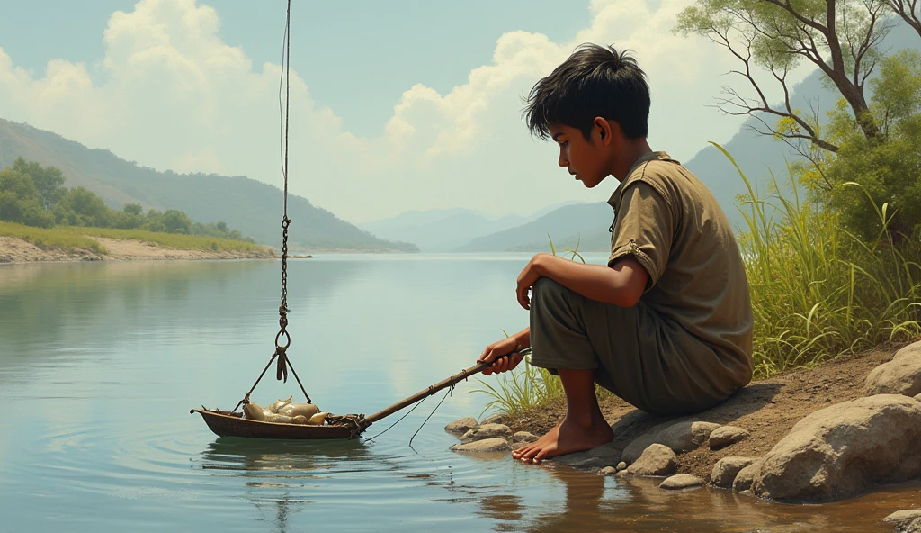 Create an image that the sky is cloudy, below is the sea with many boats, but there is a boy who is very beautiful, he has a tilak on his head and a small Rudraksha rosary in his hand and he also has some body parts. You have light saffron clothes on your body and that boy is sitting in a boat There are many fish in that boat and he releases them into the water.