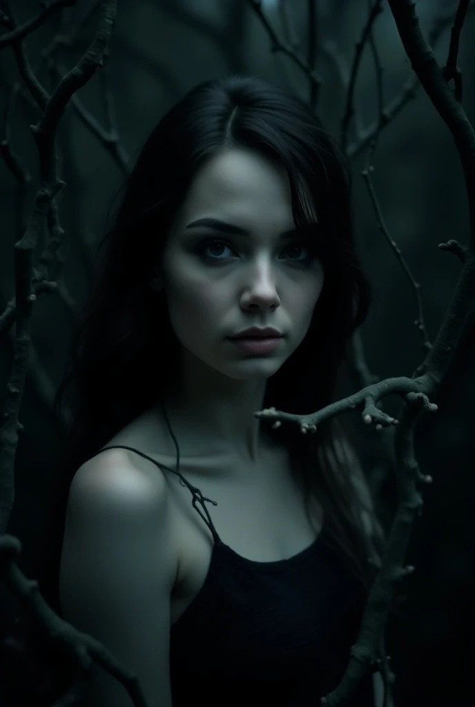 A sorrowful ultra hot gorgeous European woman. Age 23. sitting alone in a dark and gloomy forest, 1girl, beautiful detailed eyes, beautiful detailed lips, extremely detailed face and features, long eyelashes, sad expression, black dress, tears in her eyes, dramatic lighting, moody atmospheric, dark tones, muted colors, chiaroscuro style, oil painting, cinematic, dramatic, photorealistic, 8k, hyper-detailed