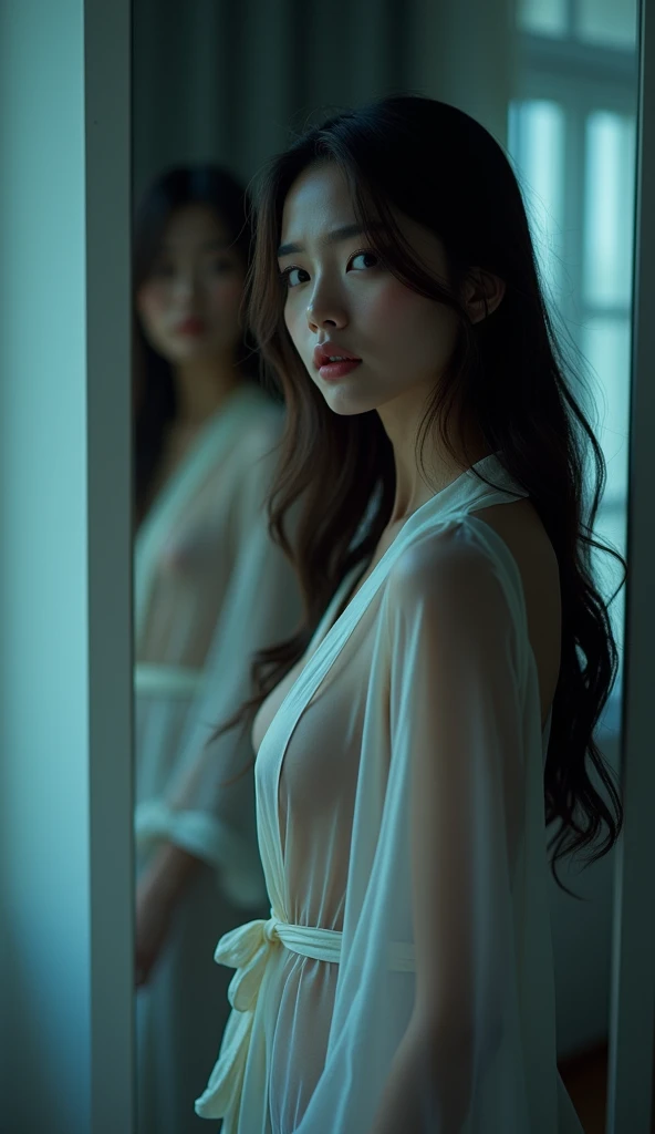 Wearing a babydoll、Sexy lingerie、silk、a girl、21 old years、Japanese people、dark haired、g-cup、inside room、Night、The lighting、a whole body、Men's Esthetic Lady、beauty woman、soio