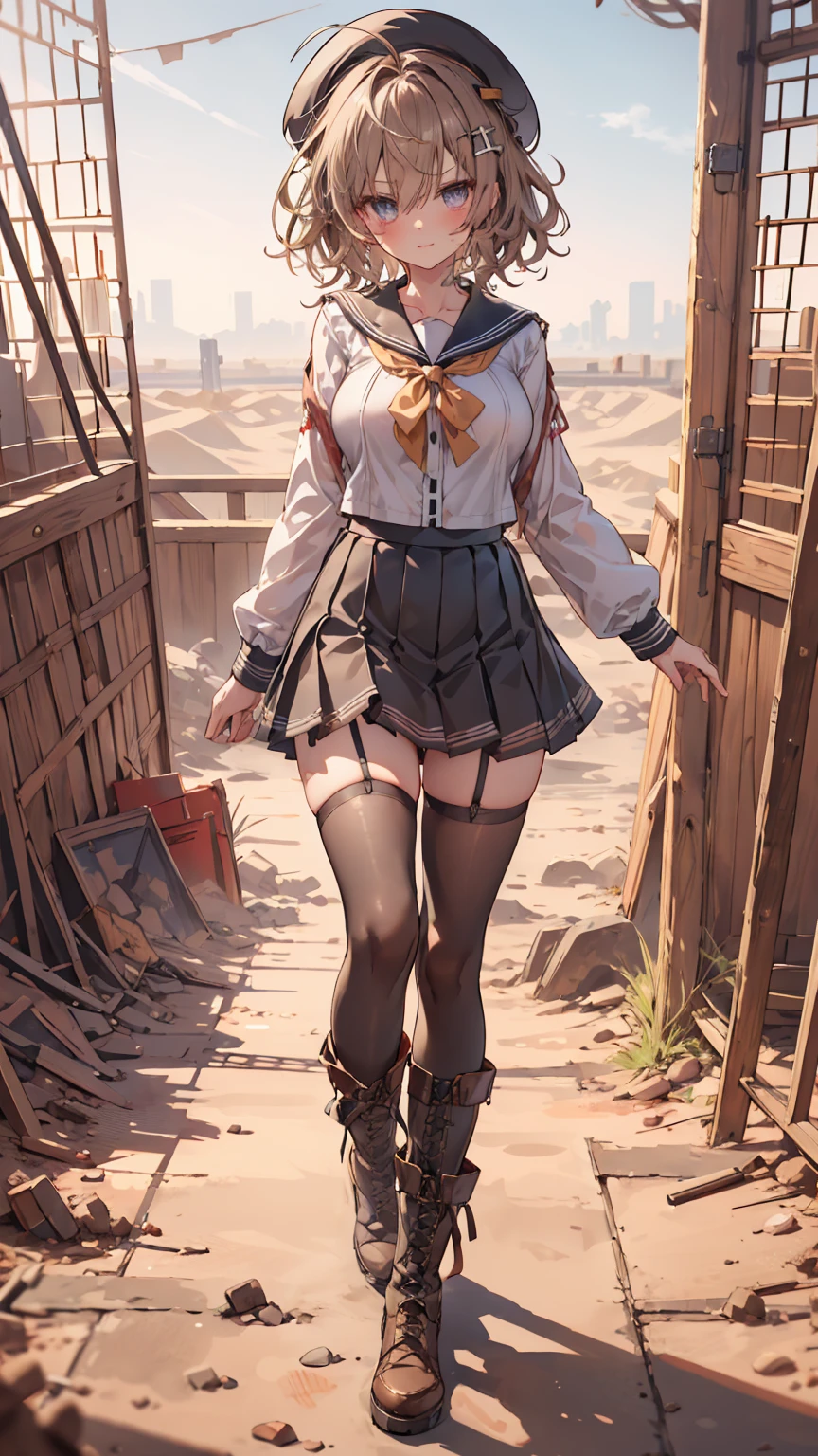 (masterpiece, highest quality, ultra high res, ultra detailed:1.3), 1 cute girl, gyaru, ideal ratio body proportions, many accessories, wrist scrunchies, brecelet, necklace, earrings, (holding rifle, looking into the gun sight, putting one foot on the fence:1.3), mini skirt, (showing off panties:1.4), cameltoe, looking down, standing on the roof, from below, hanging student bag on shoulder,