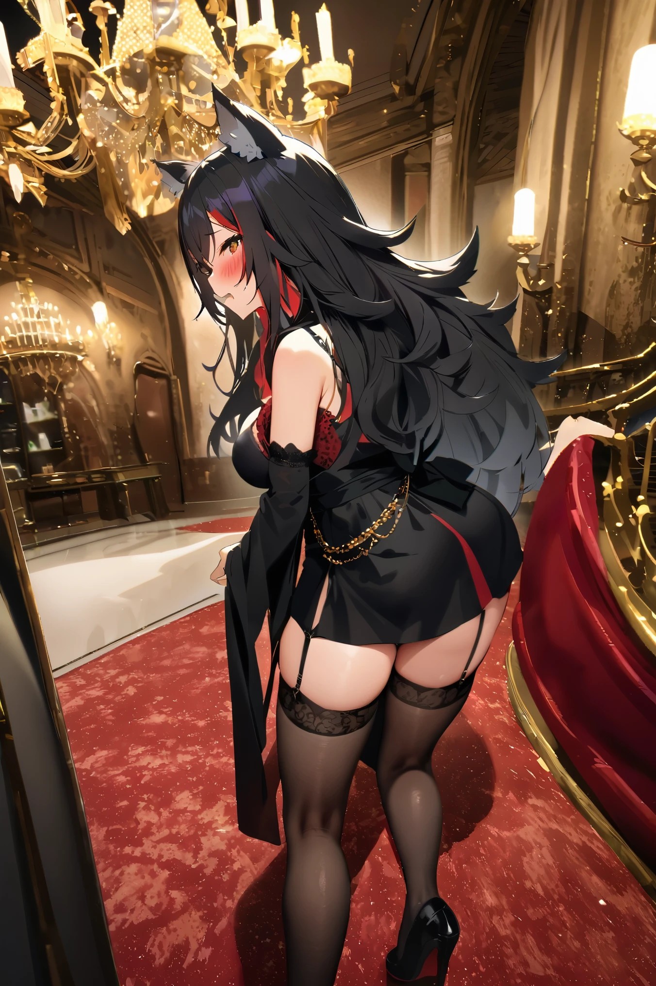 NSFW,masterpiece,Best Quality, high resolution on down, very detailed,Ogami Mio \( hololive \), long hair,Black Hair,Wolf Ears, dress, sleeveless, detachable sleeves , Miniskirt, Garter Straps ,heel,blush,Luxurious mansion, chandelier, party venue