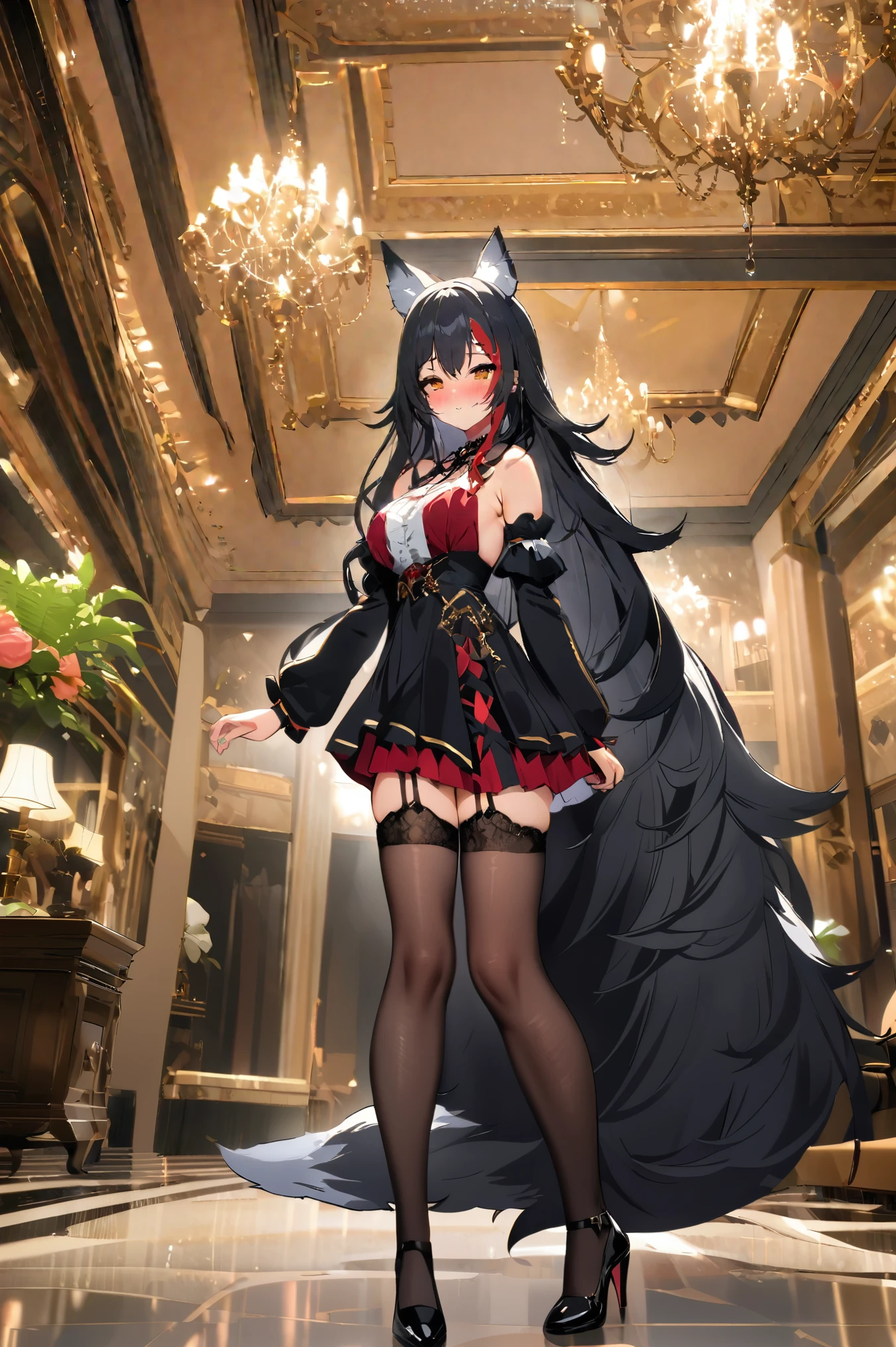 NSFW,masterpiece,Best Quality, high resolution on down, very detailed,Ogami Mio \( hololive \), long hair,Black Hair,Wolf Ears, dress, sleeveless, detachable sleeves , Miniskirt, Garter Straps ,heel,blush,Luxurious mansion, chandelier, party venue