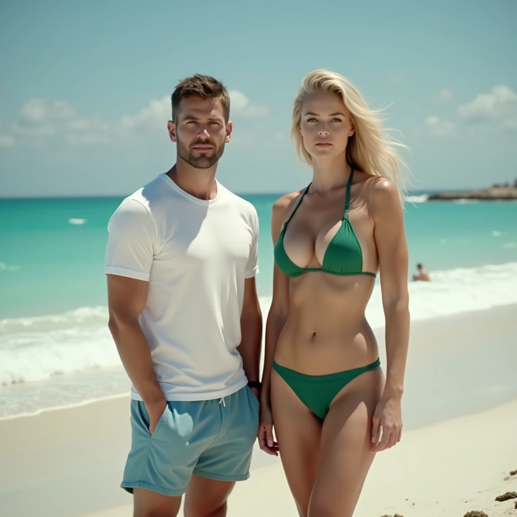 two men and two women in bikinis stand on the beach, vaWhattion photo, speedo, is wearing a swimsuit, 🤬 🤮 💕 🎀, Photo from behind, What. 2001, full body bikini shot, Blue bikini, realistic bikini, standing near the beach, danila tkachenko, swimsuit model, posing on the beach