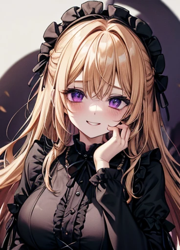 {Golden Hair}{Lori gothic }{female}、Purple Eyes、 gothic fashion、かわいいfemaleの子、Arranged Hair、{Ruffled clothing、darkness堕ち、Illness、}、 face up、darkness、{Maid}{mysterious}{High image quality}、smile、darkness、Big Breasts、 Long Sleeve 、Moe sleeves、Light