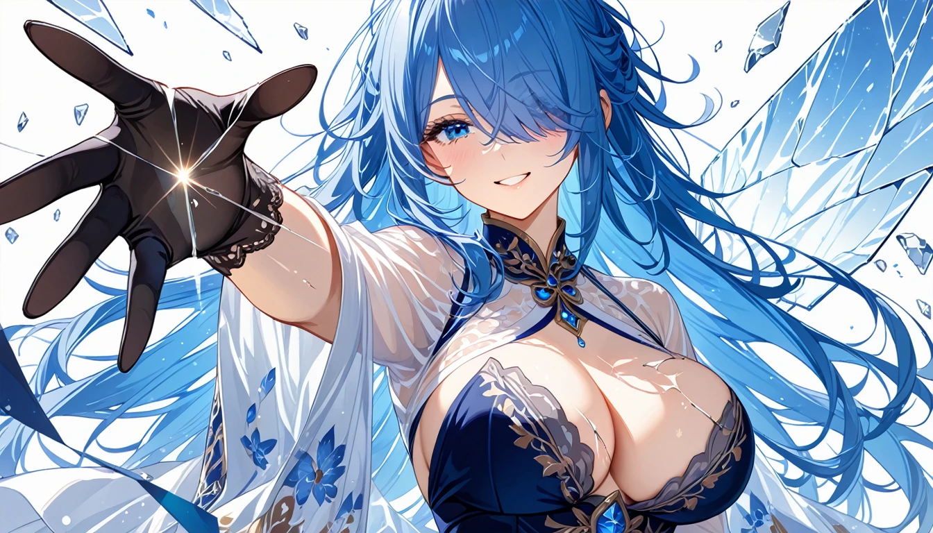 1girl,solo,smile,detailed line art, hair between eyes, hair over one eyes,see through hair,eyelashes,black glove,beautiful detailed eyes,detailed hand,blue hair,beautiful detailed hair,beautiful detailed clothes,one hand reaching out,messy hair, front view, big breast, (breaking glass screen effect:1.3),broken glass, simple white background,high shadows, lens flare in front of finger ,[lens flare], ethereal clothes design, anatomy correct, best quality