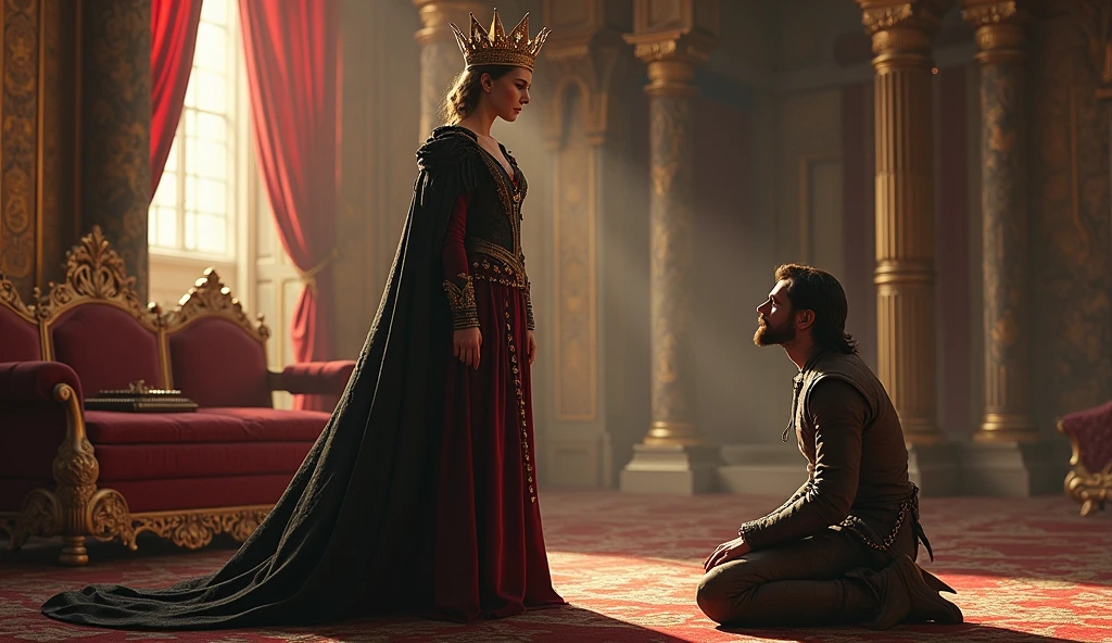 Angry queen giving orders to her hunter in the palace - SeaArt AI