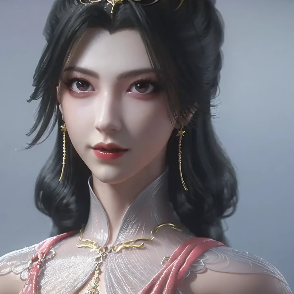 (8k, best quality,high quality clothes, masterpiece:1.2,red lipstick,hhgh precision skin,,rich facial texture),1girl,black_hair,,(dingdall effect),(smile:1.1),elegant,exquisite clothes,exquisite eyes,beautiful pendant,((Translucent clothing)),(pink dress:1.4),evening, full moon,
(breast:1.4),(nipple:1.4),(chinese clothing), jewelry, earrings, solo, dress, lips,long_hair, solo, cleavage, floral_print, long_sleeves,flower headwear,sexy pose,((simple background,)),jewelry,white veil, , snowing, flower, hair_flower, sash, necklace