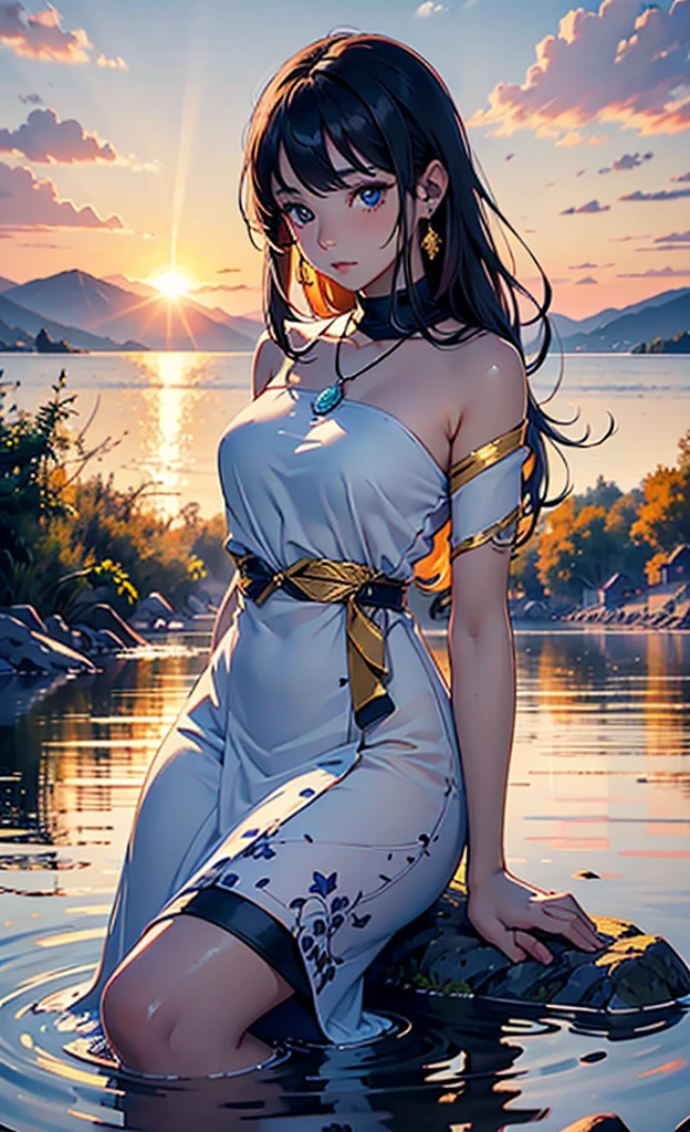 かわいいAncient Egyptの15歳の女の子、Ancient Egypt、View of the Nile、A colorful view of the whole、whole body、Low - Angle、Standing posture、Reeds are growing、Ancient Egyptの船、Ancient Egyptの風景