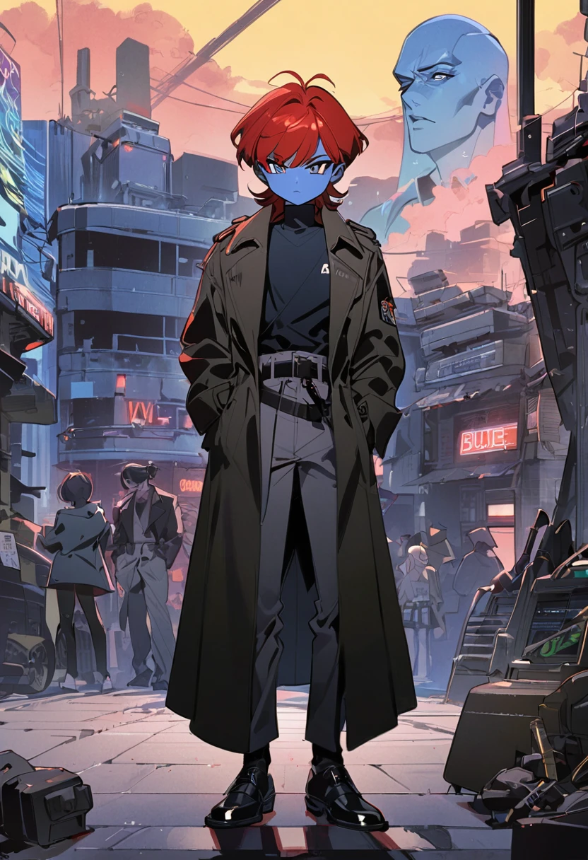 Oc,na’vi, a alien blue skin skinny buff femboy man wearing black trench-coat with a red mark on the bust,red hair,thick, in an 90’s style. He’s androgynous , fullbody,including some weapons and a sensual , cool expression.The scene has a cool,sweet,stargate/Bill Sienkiewicz style and a vibrant tone. Modern urban setting in the background.