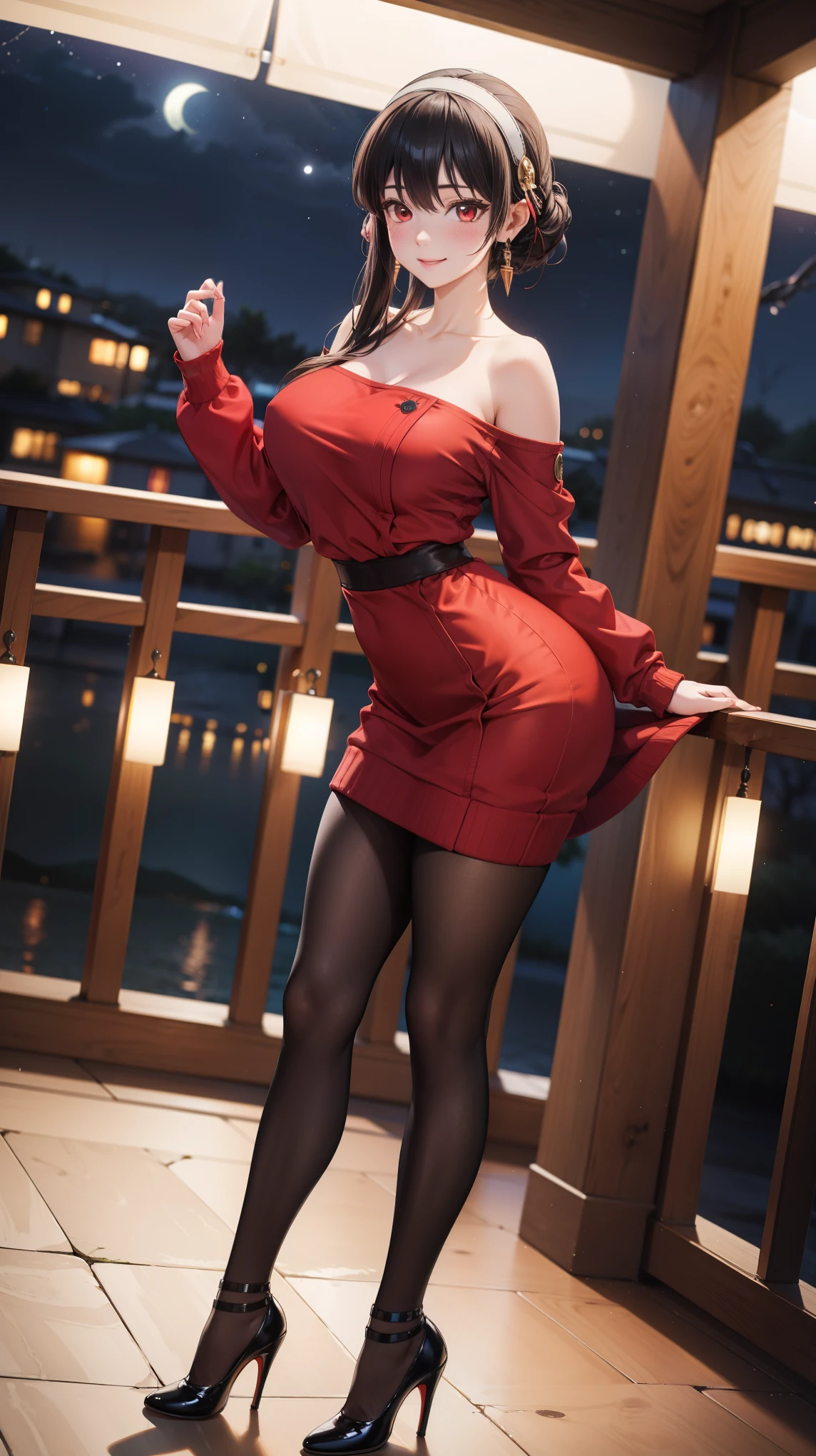 Masterpiece, ultra detail, high quality, 8k cg, blush, bright eyes, standing, outdoors, smile, (night:1.5), slim body, narrow waist, large breast,yor briar, long hair, black hair, red eyes, off shoulder, red sweater dress, pantyhose, earrings (escotada) (heels) (desnuda) ( exposed skin) ( shiny ceramic skin ,  pushed out of the background ,  front view , brightly illuminated , ultra realista)) obra maestra, La mejor calidad,