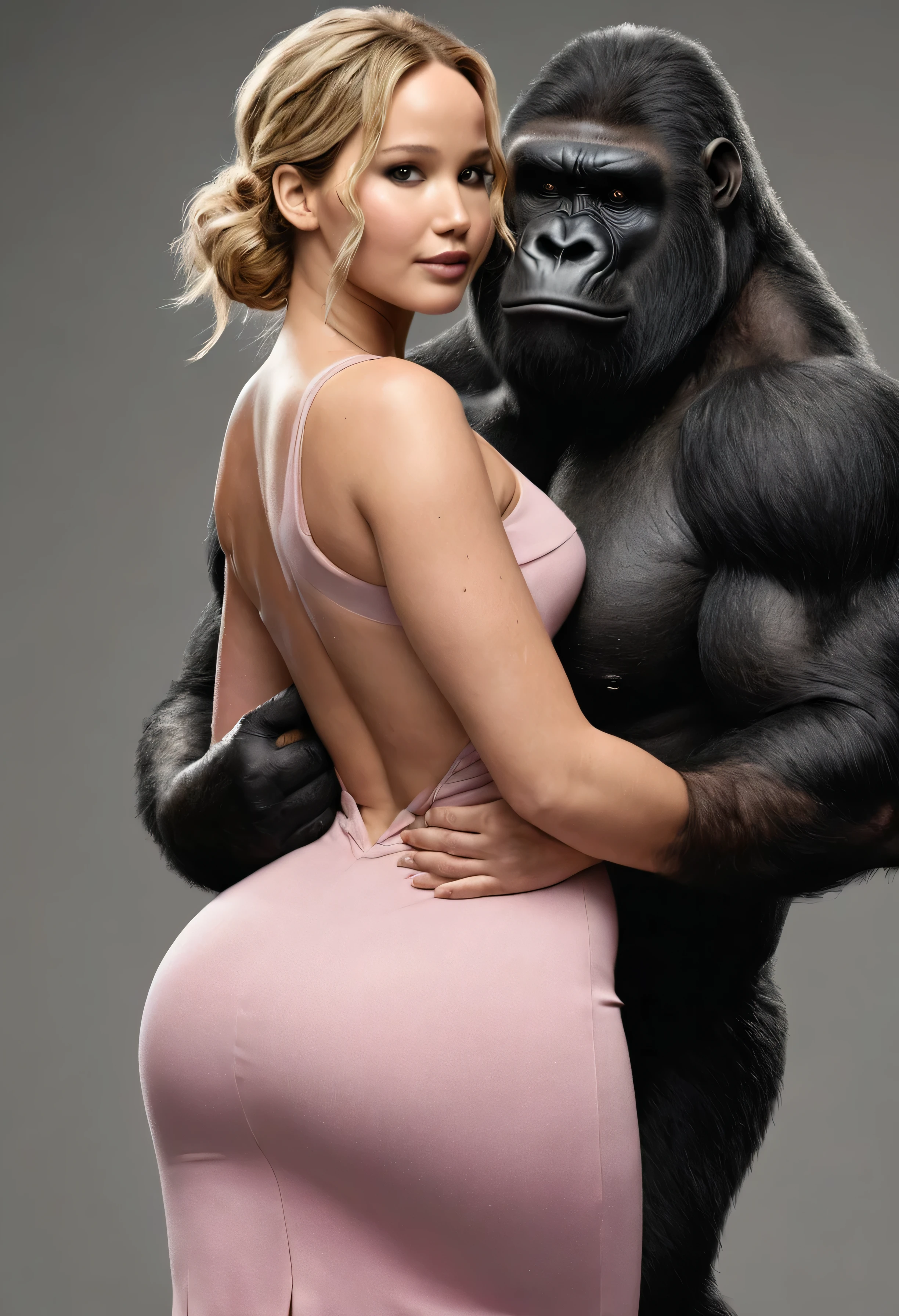 Full  body,
a voluptuous Jennifer Lawrence in pink tight dress hugging a muscle black gorila, best quality, high detailed, detailed faces.