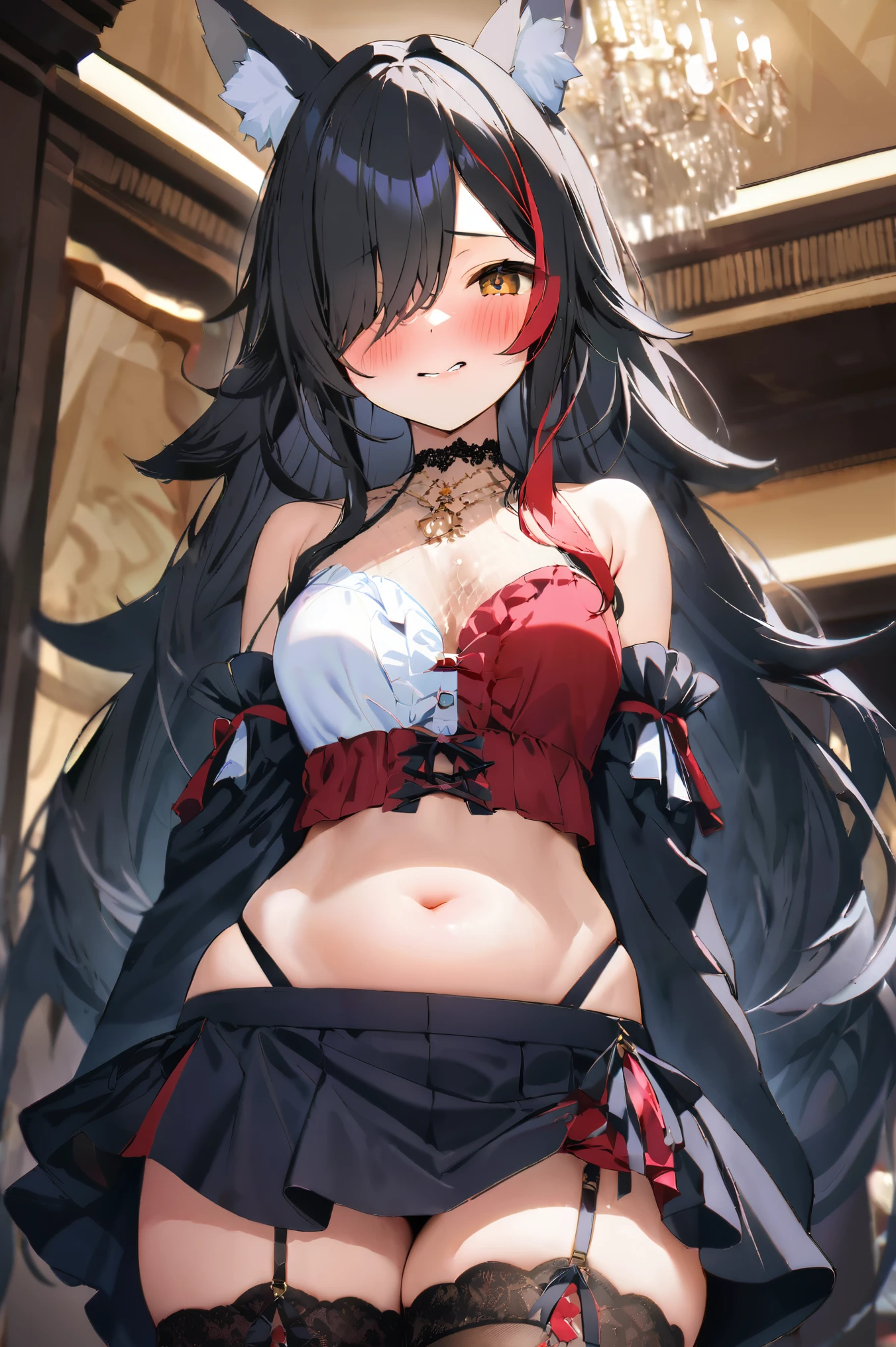 NSFW,masterpiece,Best Quality, high resolution on down, very detailed,Ogami Mio \( hololive \), long hair,Black Hair, Twin Tails,Hair over one eye,Wolf Ears, dress, sleeveless, detachable sleeves , ruffle miniskirt , Garter Straps ,heel,Belly button,blush,Luxurious mansion, chandelier, party venue