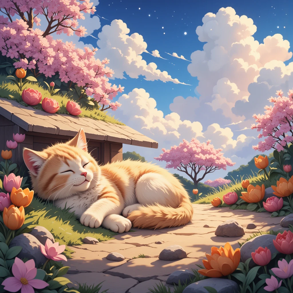 a beautiful spring day, cats travel into dreams, beautiful detailed eyes, beautiful detailed lips, extremely detailed eyes and face, long eyelashes, fluffy domestic cats, cats sleeping, cats dreaming, cats in a surreal landscape, soft pastel colors, warm lighting, cinematic, highly detailed, 8k, photorealistic, masterpiece, cinematic lighting, magical realism