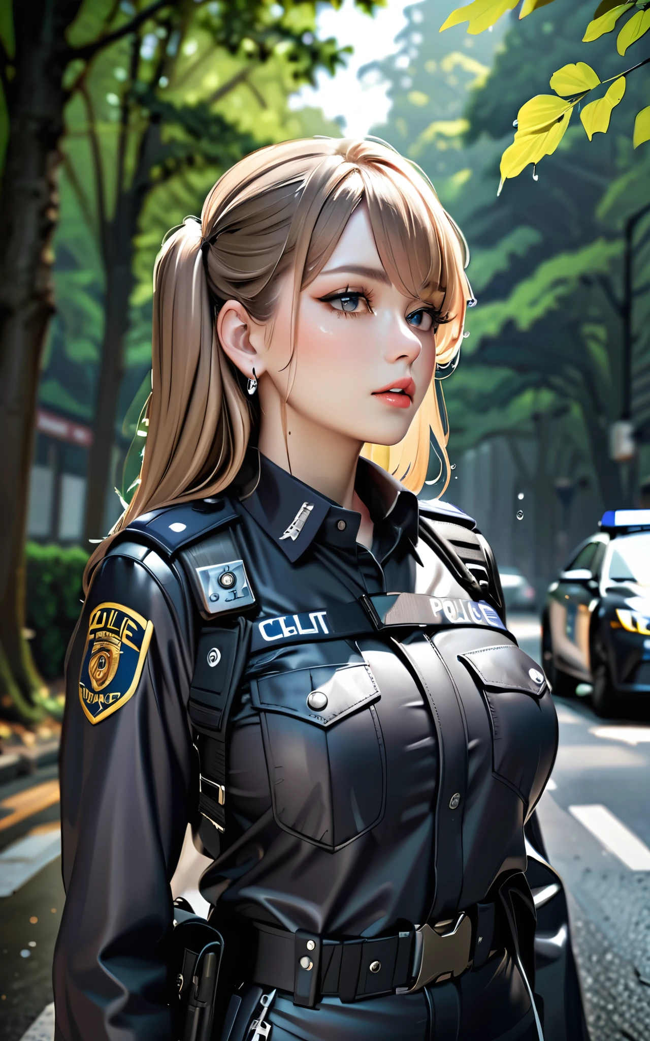 a beautiful young blonde woman, (beautiful girl: 1.3), (whole body), Highest quality, Ultra-high resolution,rich contrast,super high quality,8k,Highly detailed CG unit wallpaper,texture,Incredibly absurd,Ultra-high resolution,RAW Photos,Depth of Field 1.2,(wearing black racing suit likes police uniform, black and grey mechanic equipments, wearing military harness),Brown Hair,two side up,Ultra-detailed eyes,sensuous,Glowing Skin,Glitter effect,Beautiful glossy lips,loafers,leaves dripping with rain,sunlight through trees,post-rain aroma,Sigh,look up,(wet),(Large Breasts),After the Rain,focus on lips, Front whole body shot,Natural Makeup,Earrings