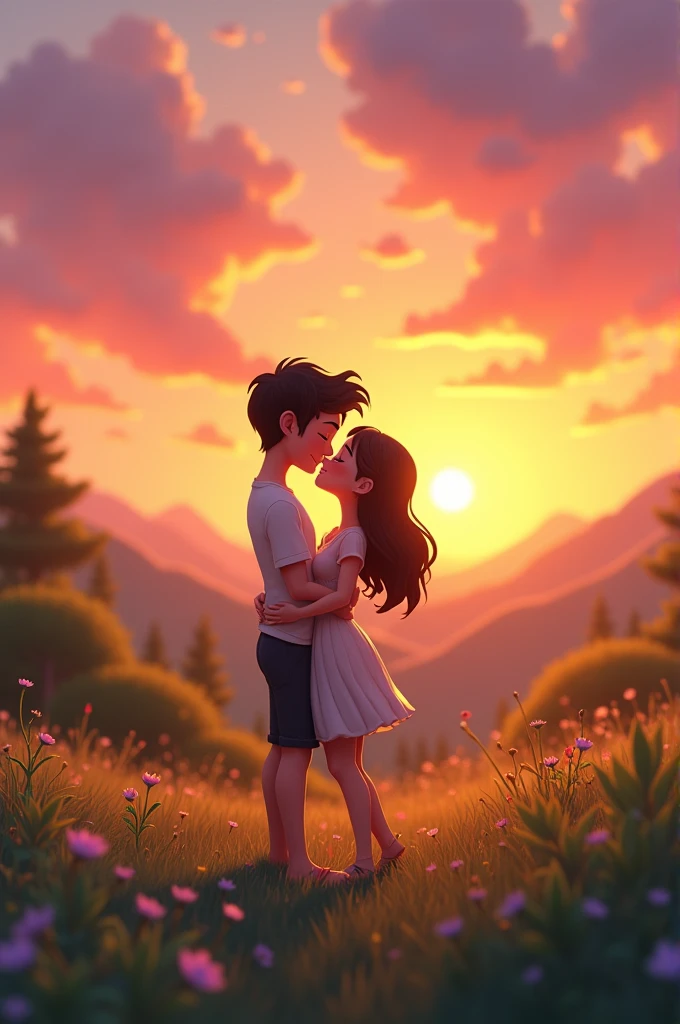 A cute boy sitting in very peace area with masterpiece nature view with girl sitting togather looking sunset view have hug in loving way taking kiss each other