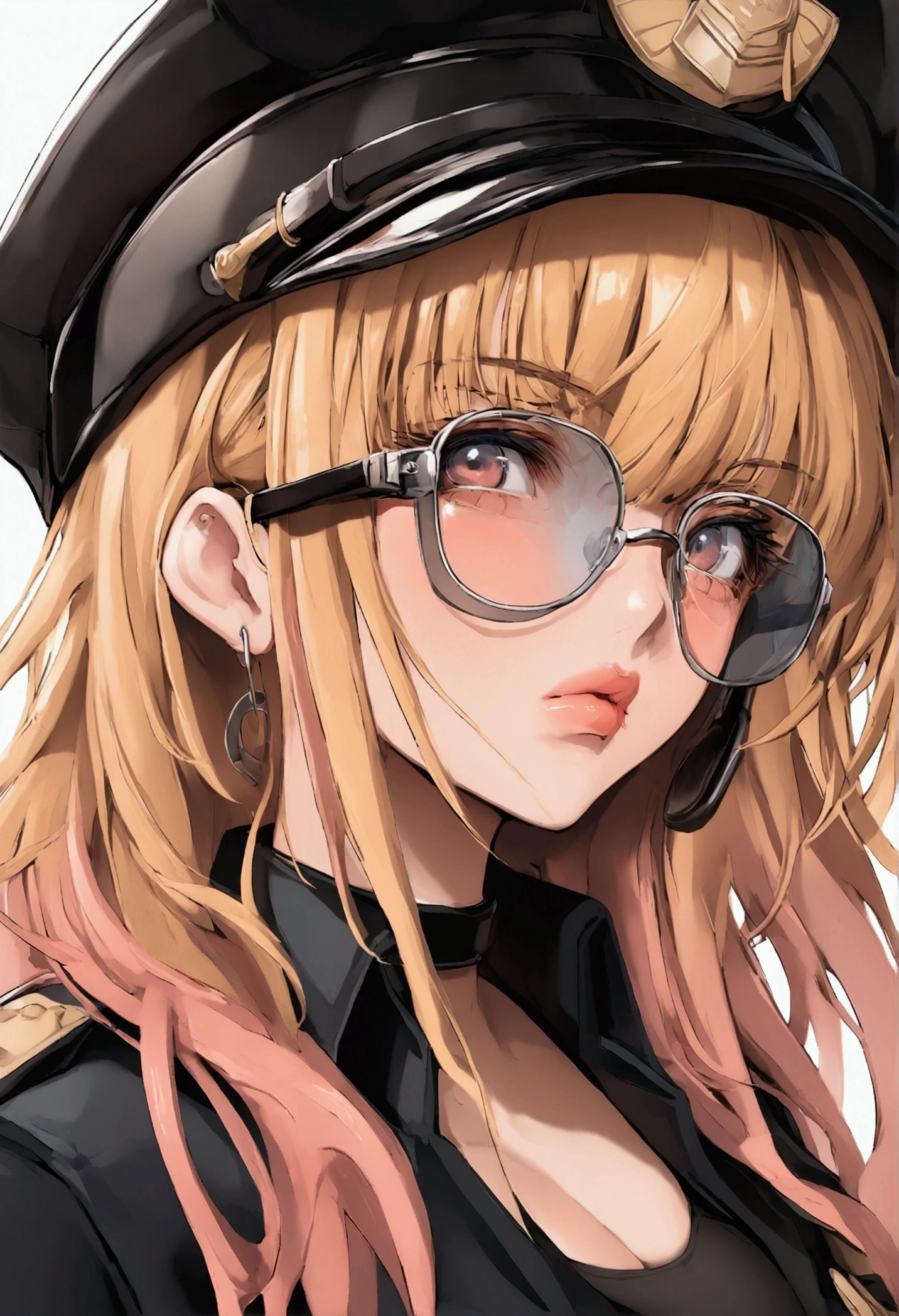 Mamimi style, Score_9, score_8_up, score_7_up, rating_safe, police uniform bikini, officer hat, long blonde hair, aviator glasses, pink pouty lips