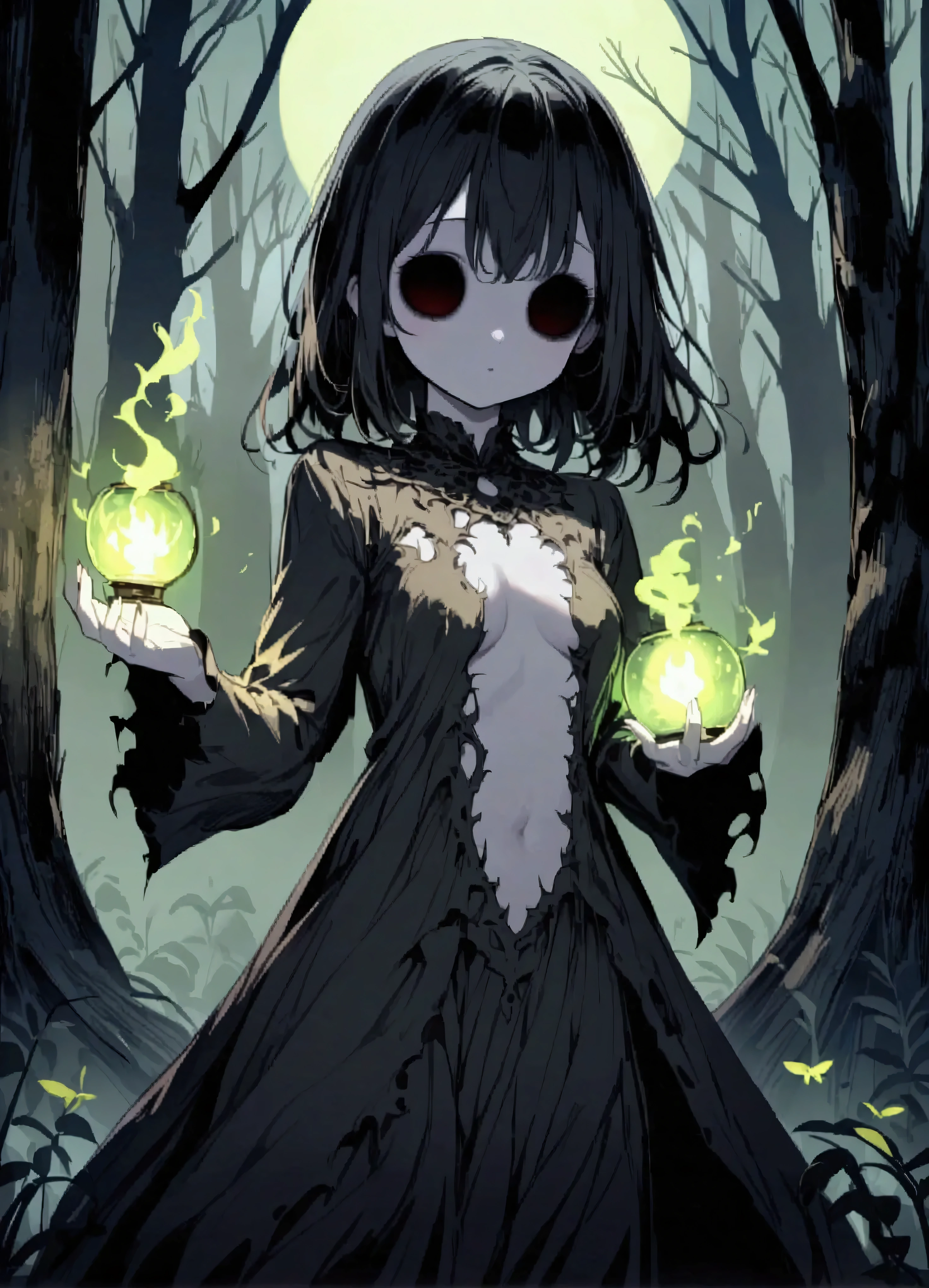 a cute woman with hollow eyes, deathly pale skin, tattered revealing robe, holding a bright green fire burning in a magic lantern, in a dead forest with no moonlight and few stars, willow-wisp