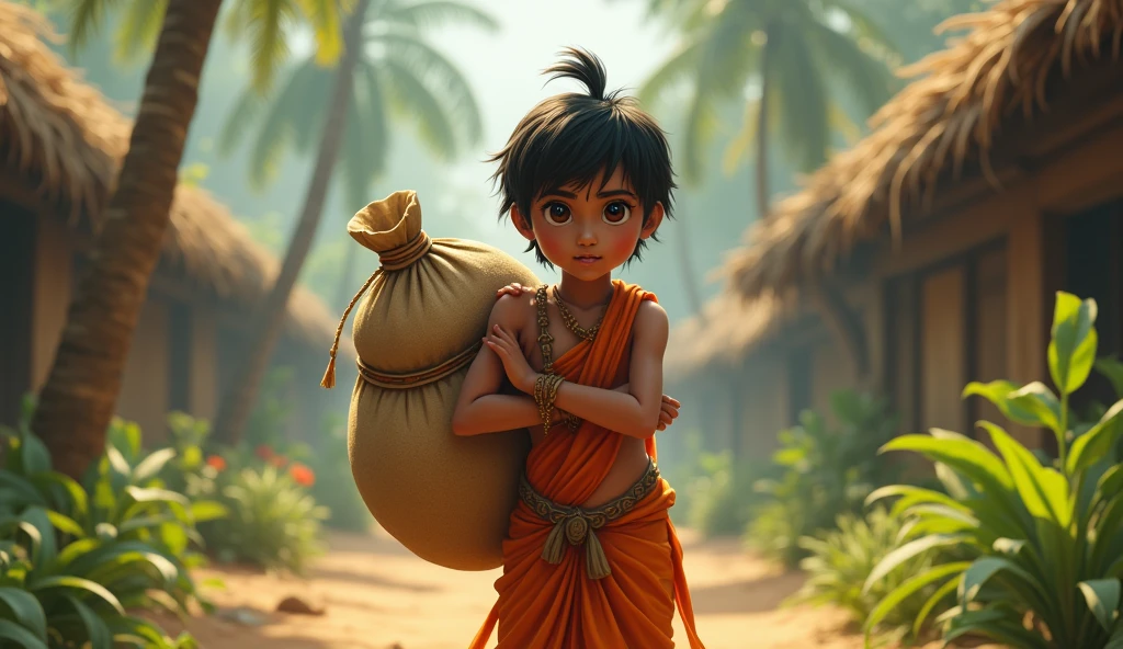 Kid dressed traditionally holding a conch shell trumpet on his hand.