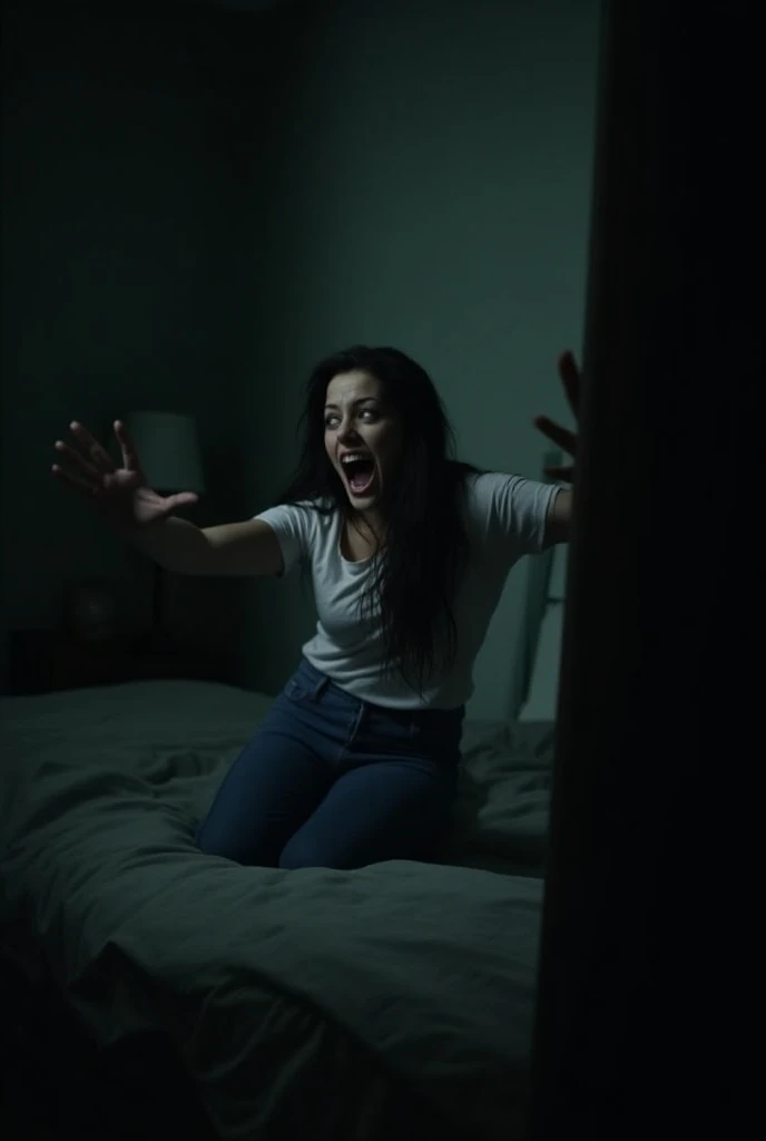 Anxious woman kneeling in bedroom crying
