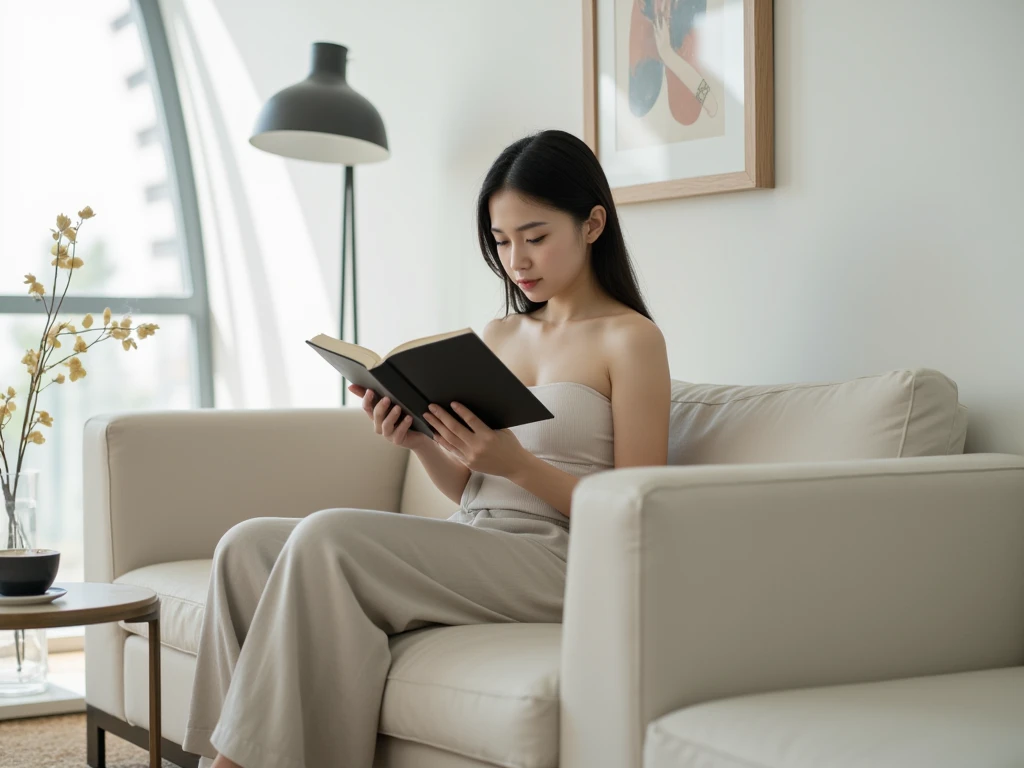 A young girl sits comfortably in her room, wearing futuristic headphones and reading a book while listening to music. Outside the window, heavy rain is falling, creating a peaceful and serene atmosphere. The room's details show modern furniture and futuristic decor with soft lighting. This image should be a masterpiece in 8K resolution, capturing every detail vividly and clearly.

