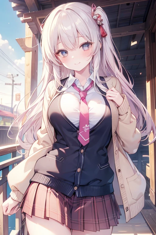 (8K、Highest image quality、highest quality、masterpiece)、detailed face、 1 girl、nakamura misaki (nanae), light blonde hair, blunt bangs, long hair, pink eyes, heart shaped earrings, mole under eye、evil smile、((open mouth))、big breasts、((white sweater))、((off shoulder))、((strapless))、cleavage、((black pencil skirt))、cowboy shot、((night))、lovehogai, scenery, japan, storefront