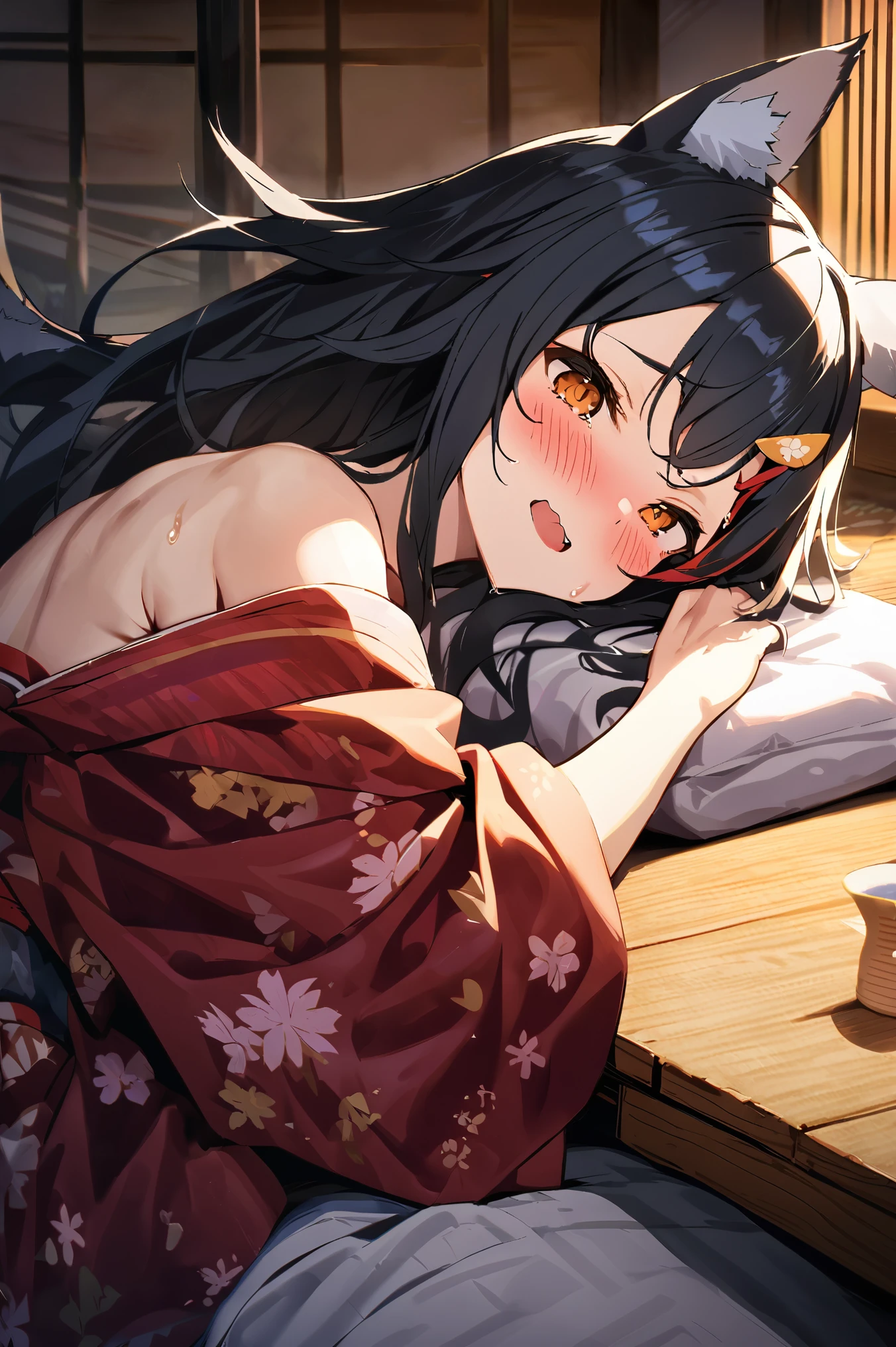 NSFW,masterpiece,Best Quality, high resolution on down, very detailed,Ogami Mio \( hololive \), very long hair,Black Hair,Wolf Ears,Hair accessories、kimono,yukata, off the shoulder,Inn at night,Japanese-style room, moonlight,table, Japanese sake ,futon,blush,Sleepy face, has sex appeal,sweat, Hollow Eyes, open clothes, lying down