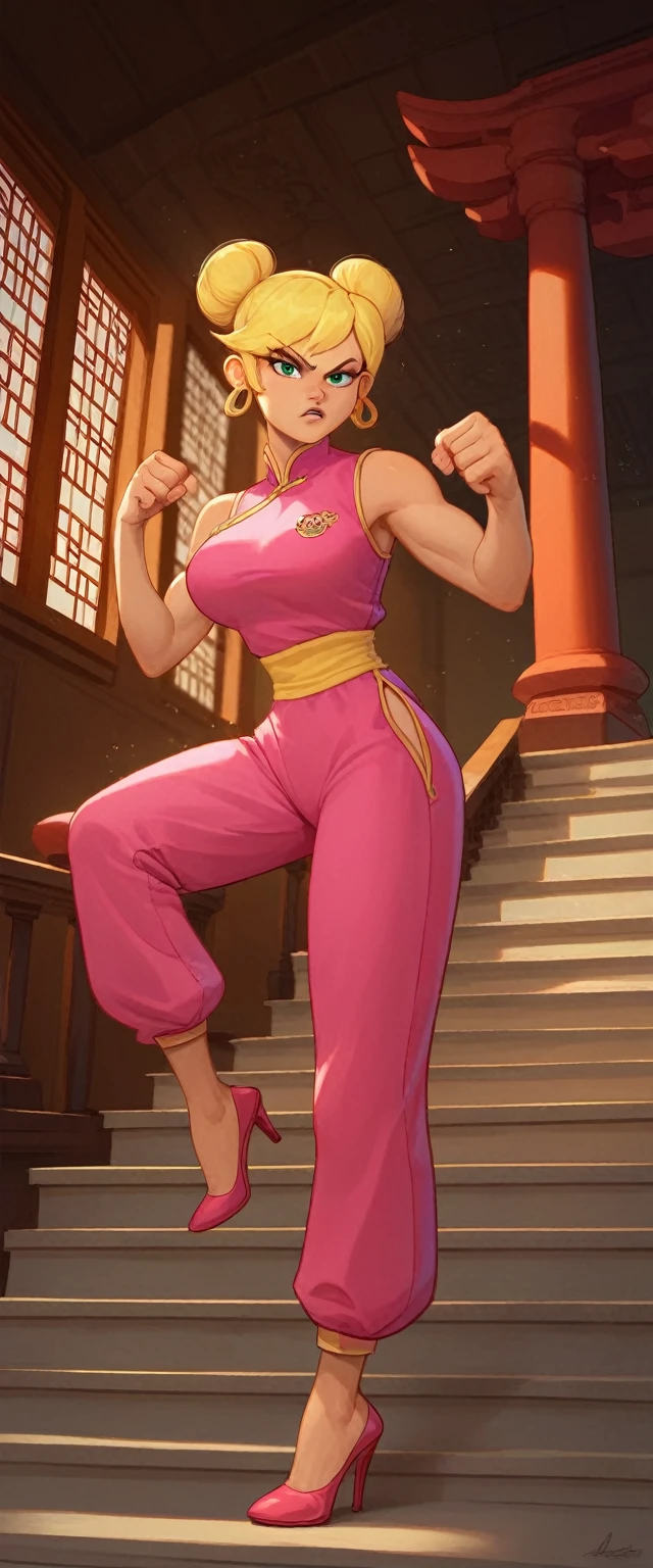 lola loud, 1girl, solo, 24yo girl, large breasts, pink cheongsam,  inside of a chinese temple, looking at viewer, blonde hair, two hair buns , hands  score_9, score_8_up, score_7_up, high heels, teep fighting stance,martial arts, stairs behind her, guarding the stairs