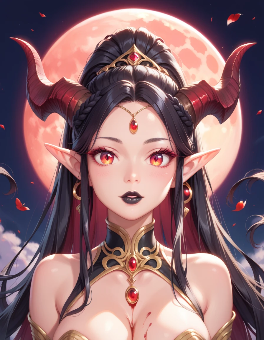 There is a full size figure of a beautiful demon girl with long hair and two elegant horns red eyes and pointy ears, dressed in gorgeous sexy black dress with golden jewellery standing and watching on the pink moon, great quality anime art, illustration, high quality realistic anime art, seductive face expression, beautiful demon girl, 4k best quality, 8k character details, high quality anime art, melodic aura around women, high quality illustration, detailed anime wallpaper, detailed anime art 