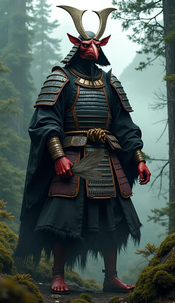 samurai wearing demon oni mask, full samurai armor, head down, in village, full body shot, epic realistic, (hdr:1.4), (muted colors:1.4), (intricate details, hyperdetailed:1.2), dramatic , heavy rain, sunset, dark clouds