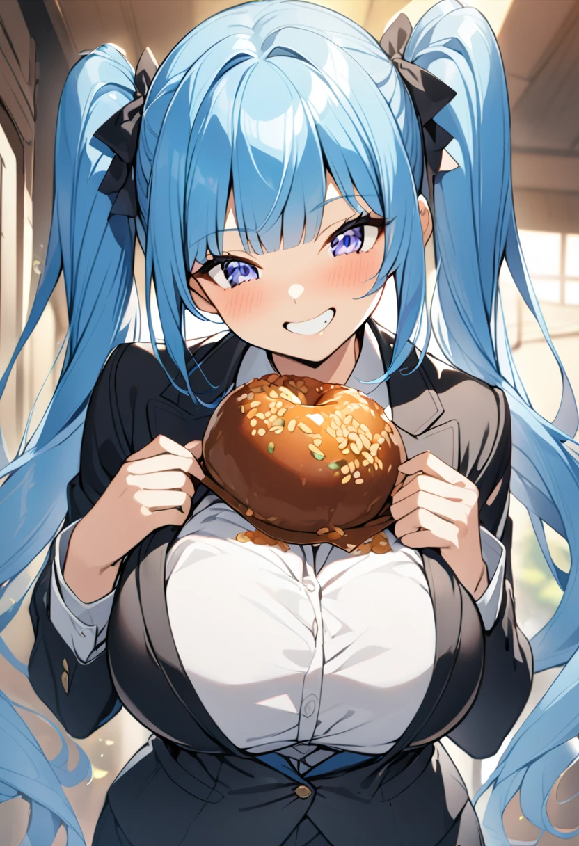 1 woman, 2 heads, blue hair, straight bangs, princess cut, twin tails, big boobs, suit, eating, big smile