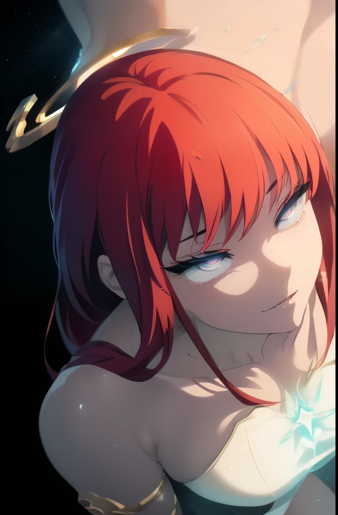 halo ((((masterpiece, The best quality, Ultra high resolution)))), 1 girl, happy, standing, (red hair,), long haircut, pale skin, ((cosmic eyes)), (((Bright_eyes))), (((ultra detailed eyes:0.7, beautiful and detailed face, detailed eyes:0.9))), ((centered)), (Plano general), in front of the viewer, (((outdoor, darkness, Leaves falling:0.9))), medium breasts, looking at the viewer, ((half closed eyes)), ((perfect hands)), (((head:1, arms, hips given, elbows, thighs, given))), ((hands at the sides)), dynamic eyes, beautiful lighting, outside, outdoor, Bottom, ((defined theme)), 2, (head tilt), (((Cold))), ((dynamic)), (((High contrast))), (cocky smile), (affected smile), evil smile, holding on to you, absorbing your energy, whole body, ((energy redirected to her hands)), dark energy from the ground, enegy redirecting to her hands, ((white leotard), From above, Big thighs, tiny waist, hip bones, beautiful woman, red hair, rain, wind, space, big breasts, (The best quality,4k,8K,high resolution,Masterpiece:1.2),Ultra detailed,(realistic,photorealistic,fotorrealistica:1.37),HDR-10,high definition studio lighting,ultrafine paint,sharp focus,Physically based representationExtremely detailed description,professional vivid colors,bokeh,Very detailed face, beautiful and detailed eyes, beautiful detailed lips, Extremely detailed eyes and face, long eyelashes, elegant expression, sensual pose, Dramatic lighting, ethereal atmosphere, shiny skin, Exuberant atmosphere, volumetric fog, cosmic backdrop, heading her head to you, (fullbody), energy drain, color glow, pov grabbing viewer, white glow, hip bones, from above 