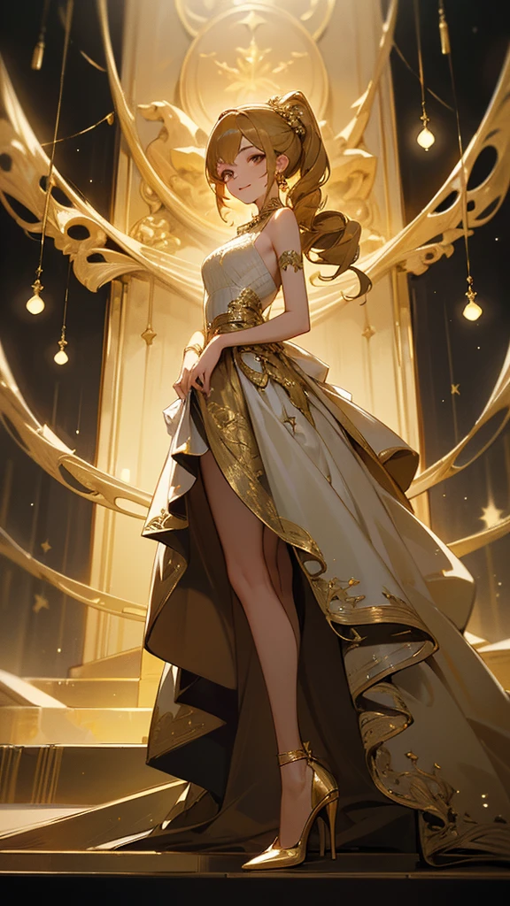 1girl,solo, slender figure, tanned skin color, the eyes are dark brown, (hair is curly, black), mysterious girl dressed in gold and jewels, lots of coins, lots of gold, bright makeup, insanely beautiful and elegant, lady of the lake, figurativism, impressionism, photography, scene, surrealism, (art by Andre kohn), (art by andreas franke)