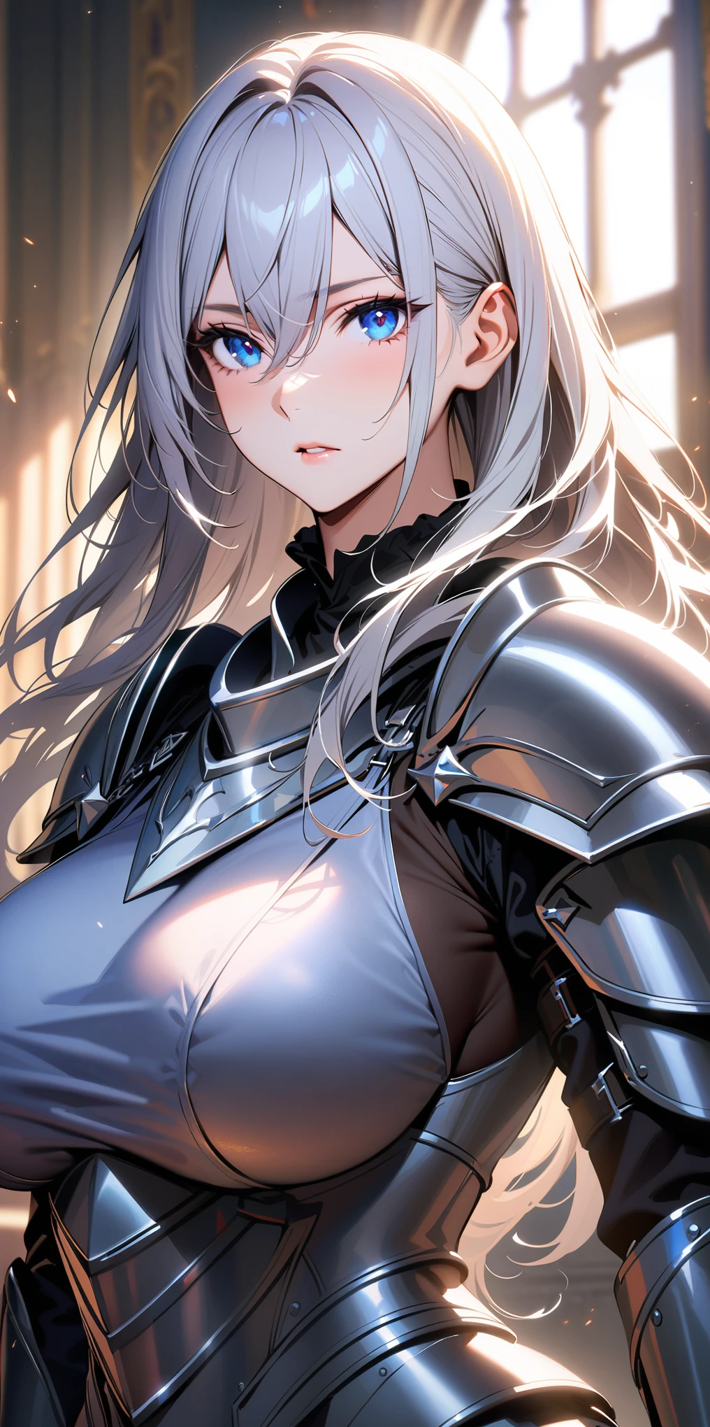 masterpiece, best quality, 1girl, knight, armored dress, silver armor, mature woman, long hair, silver hair, hair between eyes, perfect eyes, blue eyes, gallant, elegant, upper body, big breasts, cleave, ultra-detailed, soft light