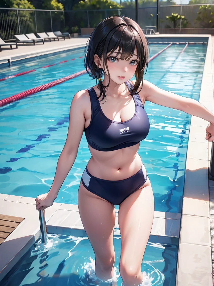 lighting like a movie、top-quality、school swimming pool、white swimwear、School swim wear、夏天、small tits、Sheer nipples、girl with、straight haired、embarrassed from、