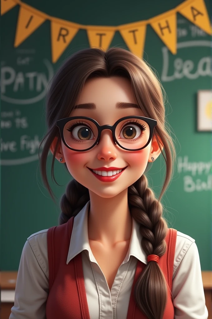 A teacher 
With eye Glasses
Long Hair, but tied to the back, put the hair on the right shoulder
Red lipstic
Perfect teeth
At the back there's a banner saying 'HAPPY BIRTHDAY JESSA'