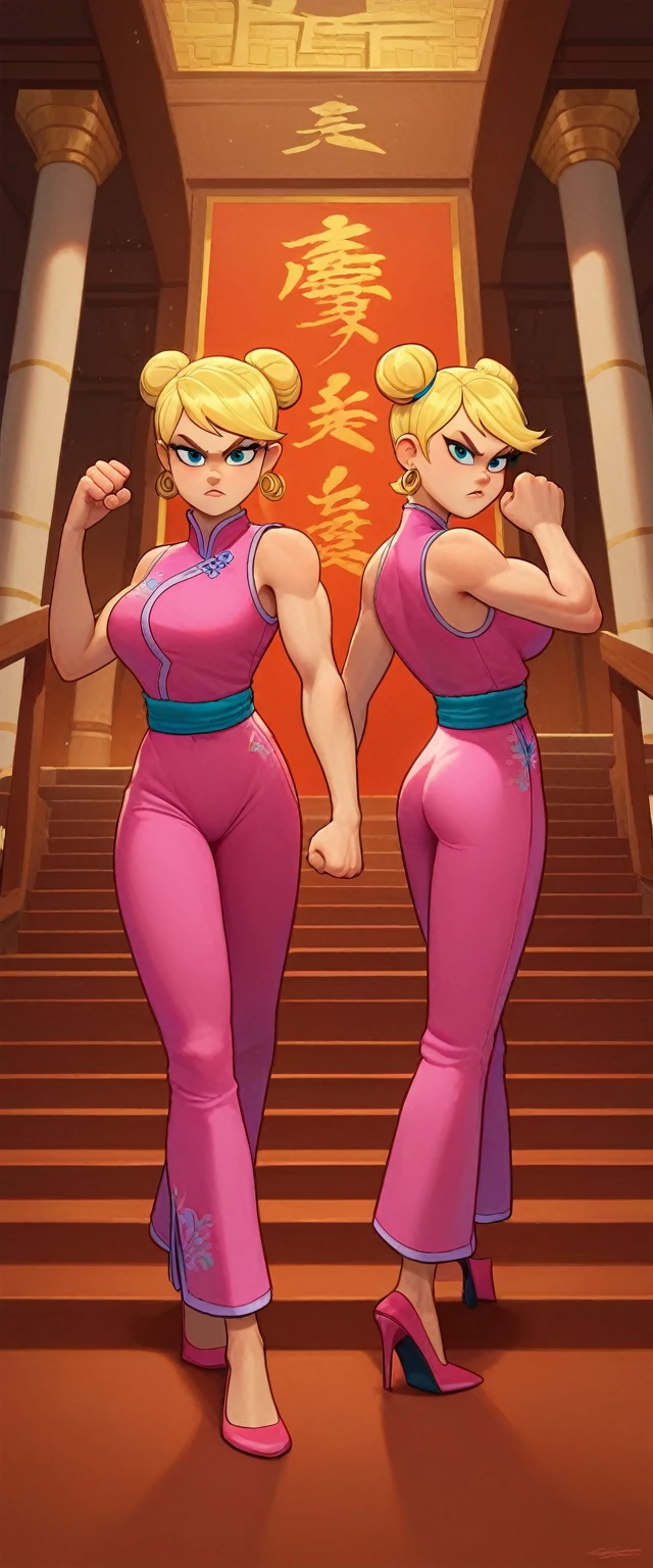 lola loud, 2girls, duo, 24yo girl, large breasts, pink cheongsam, inside of a chinese temple, looking at viewer, blonde hair, two hair buns , hands score_9, score_8_up, score_7_up, high heels, teep fighting stance,martial arts, stairs behind her, guarding the stairs, they wear the same outfit, they are twins