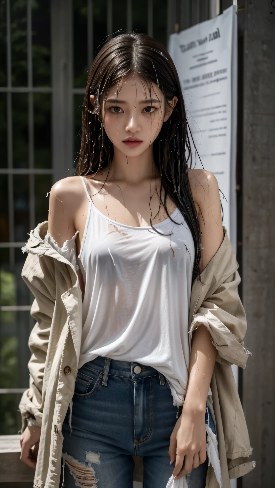 Best picture quality, masterpiece, ultra high resolution, (fidelity :1.4), photo, 1 girl,[(sadness)],white shirt, Dim, dark, desperate, pitying, pitiful, cinematic,tear,teardrop,(Torn clothes:1.5), (Wet clothes:1.4), bare shoulders,Real rain,wet hair,..