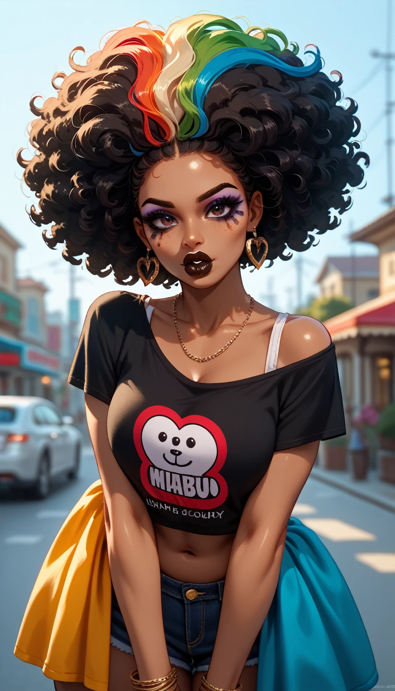 NSFW, Beautiful Mulatto Girl, ((Dark Skinned)), Big Lips, mean look, Dark Makeup, Dark Lipstick, Black and Rainbow Hair, Black and Rainbow Makeup, Hip-Hop Girl, Curly Afro, Baggy Hip Hop Clothes, 