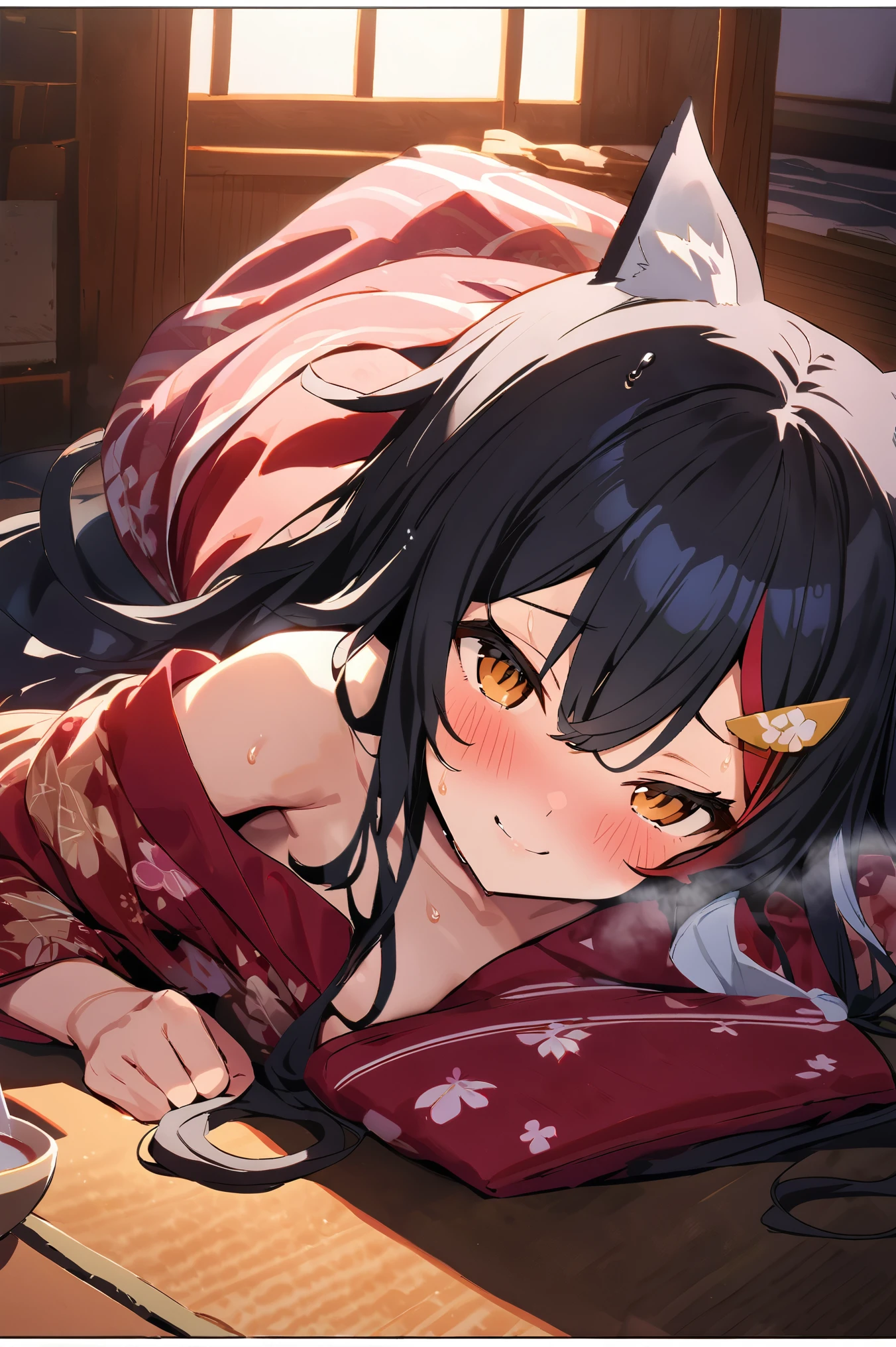 NSFW,masterpiece,Best Quality, high resolution on down, very detailed,Ogami Mio \( hololive \), very long hair,Black Hair,Wolf Ears,Hair accessories、kimono,yukata, off the shoulder,Inn at night,Japanese-style room, moonlight,table, Japanese sake ,futon,blush,Sleepy face, has sex appeal,sweat, Hollow Eyes, open clothes, lying down,smile